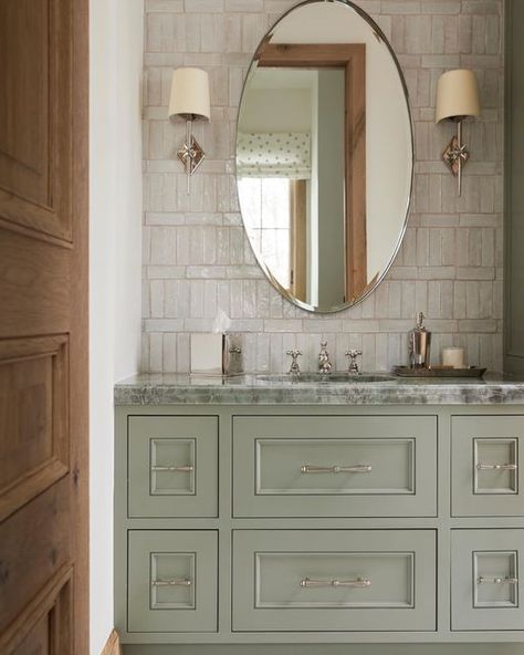 Sage Green Master Bath, Sage Green Powder Room, Sage Green Bathroom Vanity, Green Powder Room, Sage Green Nursery, Green Bathroom Vanity, Neutral Bathroom, Green Nursery, Bathroom Color