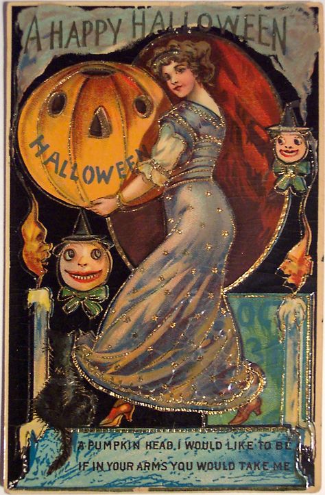 Vintage Halloween Greeting Card Labu Halloween, Vintage Halloween Cards, Vintage Halloween Art, Victorian Halloween, Vintage Halloween Images, Photo Halloween, Hansel Y Gretel, Vintage Holiday Cards, Pumpkin Illustration