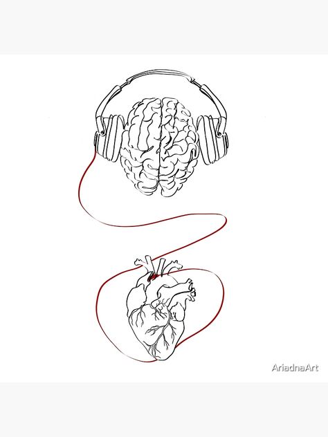 "Continuous line illustration of brain wearing headphones connected to heart. Abstract inspirational illustration encouraging to listen to your heart" Poster for Sale by AriadnaArt | Redbubble Sharing Headphones Drawing, Listen To Your Heart Tattoo, Heart With Headphones, Brain Aesthetic, Headphones Illustration, Headphones Tattoo, Music Universe, Heart Abstract, Brain Illustration