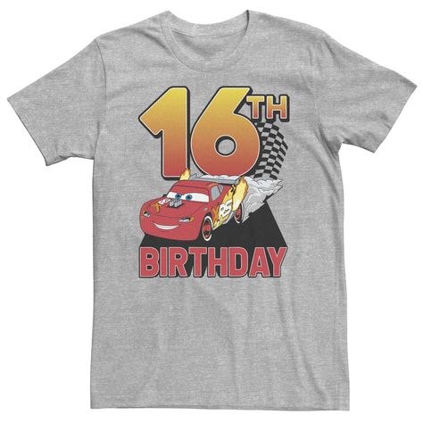 Product Specifications: Material: 5.3oz 100% cotton; Ash Grey: 99% cotton, 1% polyester Sport Grey: 90% cotton, 10% polyester; Dark Heather: 50% cotton, 50% polyester Style: Heavyweight classic unisex tee Features: Taped neck and shoulders; Tearaway label T-Shirts printed in the USA. Disney Crewneck, Cars Lightning Mcqueen, Cars Tees, Graphic Material, Disney Colors, Birthday Tee, Disney Pixar Cars, Pixar Cars, Lightning Mcqueen