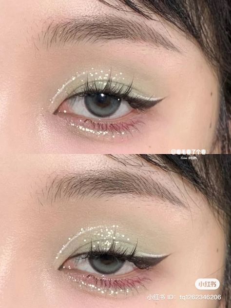 Prom Makeup For Sage Green Dress, Enchanted Forest Homecoming Makeup, Enchanted Garden Makeup Looks, Sage Green Prom Makeup Looks, Green Soft Makeup, Sage Green Wedding Makeup, Ethereal Prom Makeup, Prom Fairy Makeup, Light Green Prom Makeup