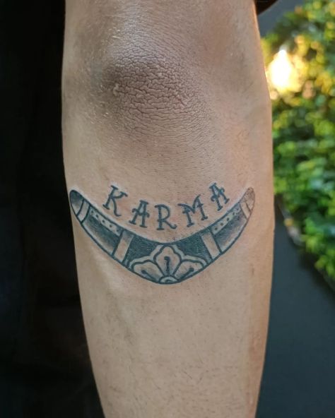 Traditional Karma Tattoo, Me Vs Myself Tattoo, Scatter Tattoos, Karma Tattoo For Men, Good Karma Tattoo, Boomerang Tattoo, Karma Tattoo Design, Boom Tattoo, Tattoo Karma