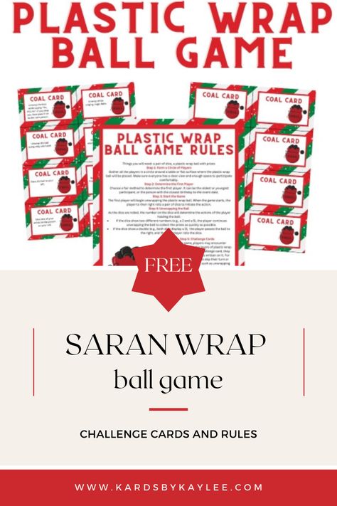 It's Christmas time and this is the most fun game to play at any party or get togther. Learn how to make your saran wrap ball filled with prizes and get FREE Coal Challenge Cards for an extra fun twist on this fun holiday party activity. Syrian Wrap Ball Game, Saran Wrap Ball Game Rules, Sarah Wrap Ball Game Gift Ideas, Sara Wrap Ball Game, Plastic Wrap Ball Game Prizes, Saran Ball Game, Saran Wrap Ball Game Prizes Ideas, Plastic Wrap Game, Christmas Saran Wrap Ball Game