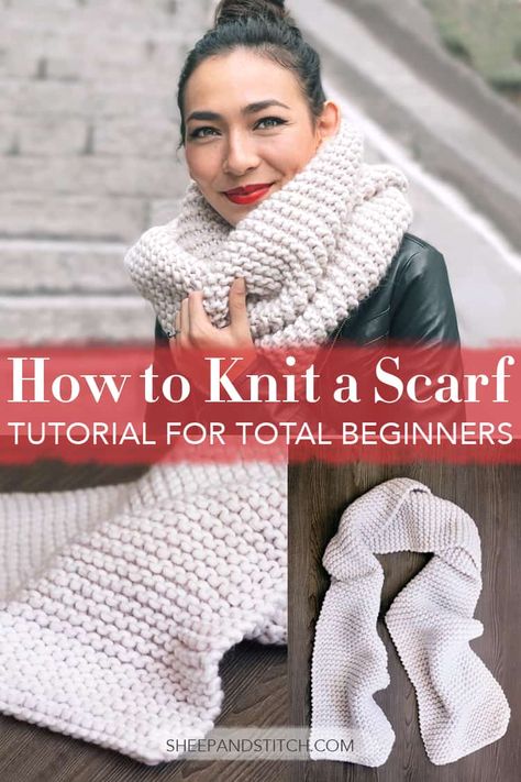 Learn how to knit a scarf for beginners through a step-by-step video tutorial. This beginner knitting tutorial will teach you the three basic steps to get you knitting in no time. This easy scarf pattern is within reach! #sheepandstitch #knitting #easyknitting #easyknits #beginnerknits Knit A Scarf For Beginners, Easy Scarf Pattern, Knitting Beginners, Knit A Scarf, Knitting Terms, Beginner Knitting, Easy Knitting Projects, Knitting Basics, Scarf Tutorial