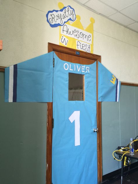 My classroom door! A KC Royals baseball jersey! Soccer Door Decorations, Sports Theme Classroom Door, Football Door Decorations Classroom, Football Classroom Door, Baseball Classroom, Sunday School Room Decor, Classroom Door Ideas, Sports Classroom, Lifeway Vbs