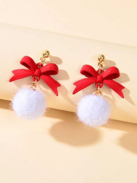 Christmas Bow & Pom Pom Drop Earrings | SHEIN USA Chic Winter Style, Pom Pom Earrings, Geometric Type, Watches Women Fashion, Bow Earrings, Christmas Bows, Christmas Earrings, Christmas Jewelry, Red Bow