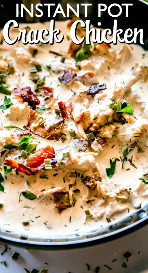 Instant Pot Crack Chicken! A deliciously creamy combo with chicken breasts, cream cheese, crispy bacon, and ranch seasoning, all cooked together to create a finger-licking good chicken dinner! This creamy crack chicken in the Instant Pot makes an easy low carb, keto dinner that you'll go back to again and again. #instantpot #instantpotchicken #crackchicken Chicken Breast Instant Pot Recipes, Low Carb Keto Dinner, Chicken In The Instant Pot, Stuffed Chicken Breast Cream Cheese, Low Carb Instant Pot Recipes, Instant Pot Recipes Chicken, Instant Pot Dinner Recipes, Easy Instant Pot Recipes, Ranch Seasoning