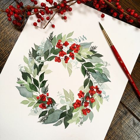 My hand painted watercolor wreath for the holidays! Contact me for custom watercolor designs! Watercolor Painting Easy, Prima Watercolor, Watercolor Tips, Watercolor Christmas Cards, Art Carte, 수채화 그림, Wreath Watercolor, Diy Watercolor, Watercolor Artists