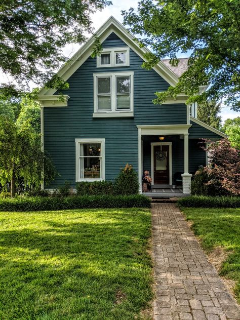 Midwestern Home Exterior, Dusty Teal House Exterior, Dark Teal Exterior House, Greenish Blue Exterior House Colors, Exterior House Colors With Gray Roof, Old House Colors Exterior, Teal Exterior House, Blue Green House Exterior, Green Painted Houses