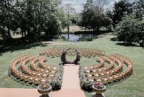 Circular Wedding Ceremony, Deep Purple Bridesmaid Dresses, Chair Display, Circular Chair, Garden Marquee, Wedding Ceremony Seating, Moon Gate, Garden Ceremony, Purple Bridesmaid