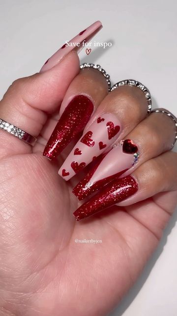 Jeanette Flores on Instagram: "Save for valentines nail inspo! ✨❤️✨ Red holographic glitter heart nails! Using @kiaraskynails (code: JEN10) •Wifey Material •Candy Apple Platinum effect gel #kiarasky #holographicnails #reflectivenails #holonails #nailsofinstagram #nailart #nailinspo #nailreels #nailvideos #satisfying #trending #nailtrends #nailitdaily #nailsoftheday #holographicpolish #pressonnails #uñas #uñasholograficas #flashnails #reflectiveglitter #vdaynails #heartnails #rednails #nailitdaily #valentinesnails" Glitter Heart Nails, Nail Inspo Red, Red Holographic, Reflective Nails, Valentines Nail, Vday Nails, Holo Nails, Wifey Material, Candy Apple