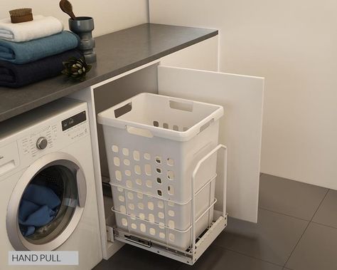 Laundry Basket 48L in White with Soft Closing Slides to suit 400mm cabinet. Pull Out Laundry Hamper, Laundry Cupboard, White Basket, White Baskets, Laundry Room Storage, Laundry Storage, Laundry Room Design, Cupboard Storage, Laundry Hamper