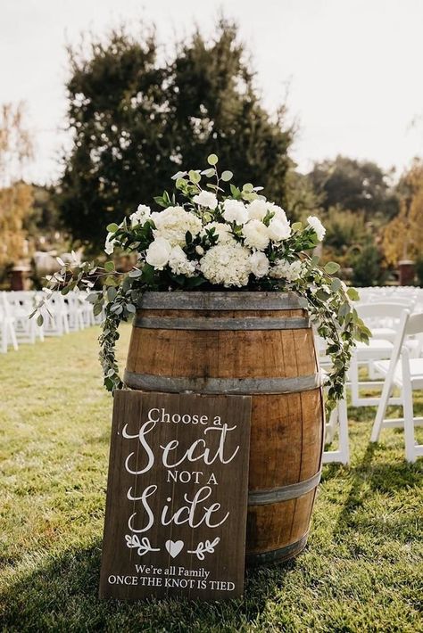 36 Rustic Wedding Decor For Country Ceremony ❤ rustic wedding decor for outdoor aisle with winebarrel greenery and white flowers nicole leever photography #weddingforward #wedding #bride #rusticwedding #rusticweddingdecor Outdoor Aisle, Country Ceremony, Rustic Wedding Ceremony Decor, Rustic Wedding Ceremony, Rustic Wedding Decorations, Wedding Ceremony Signs, Country Wedding Decorations, Ceremony Signs, Diy Outdoor Decor