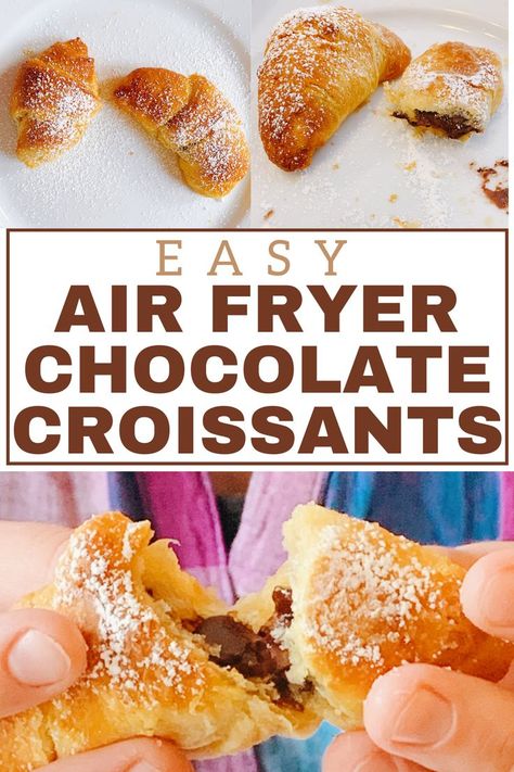 Chocolate crescent roll recipes: air fried crescent rolls are ooey and gooey chocolate filled croissants! Quick and easy recipes: 5 minutes! #airfryerrecipes #croissants #easydesserts #breakfastideas Chocolate Crescent Rolls Croissants, Air Fryer Crescent Roll Doughnut, Air Fryer Chocolate Croissant, Crescent Roll Chocolate Croissant, Crescent Roll Recipes Pillsbury, Air Fryer Crescent Roll Dessert, Air Fryer Nutella Crescent Rolls, Air Fryer Crescent Roll Recipes Dessert, Air Fryer Crescent Roll Breakfast