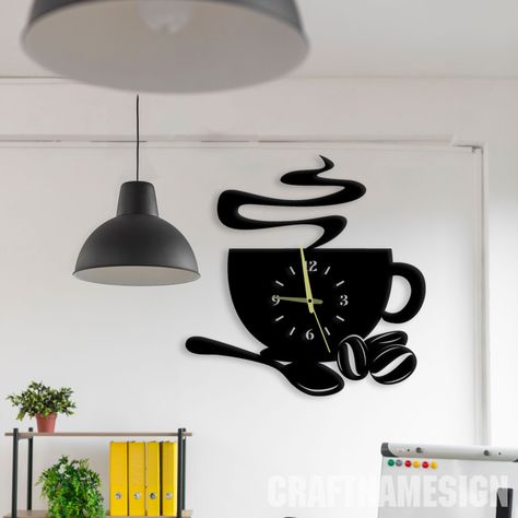 A unique and stylish wall clock that is perfect for any coffee lover. The clock is made of high-quality materials and features a personalized nameplate. It is sure to add a touch of warmth and personality to any.#lasercutclock #walldecor #homedecor #modernclock #uniqueclock Coffee Shop Design Ideas, Coffee Cup Wall, Iron Ideas, Coffee Clock, Coffee Shop Kitchen, Laser Cut Decor, Wall Clock Unique, Cafe Concept, Personalized Coffee Cup