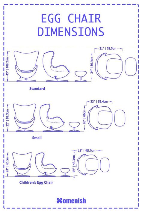 While egg chairs share the same shape, they come in a range of different sizes, which can make choosing the right egg chair a challenge. A standard egg chair has dimensions of around 43 inches in height, 34 inches in width, and 31 inches in depth, though this can vary between each model. Egg Shaped Chair, Egg Chairs, How To Make Eggs, Furniture Dimensions, Cracked Egg, Chair Dimensions, Workplace Design, Egg Shape, Egg Chair