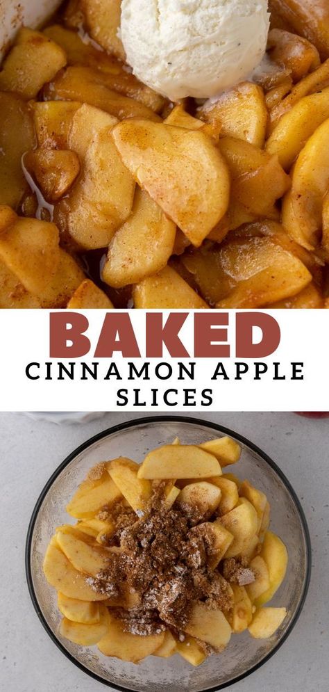 These easy cinnamon baked apple slices are a delicious and quick fall dessert to make for everyone. Serve these baked apples with a giant scoop of vanilla ice cream, yogurt, or even oatmeal for a simple fall breakfast or dessert. Apples And Nutella, Baked Apples Slices, Cinnamon Apple Slices, Cinnamon Baked Apples, Baked Apple Slices, Apple Slice Recipe, Easy Baked Apples, Yogurt Oatmeal, Baked Cinnamon Apples