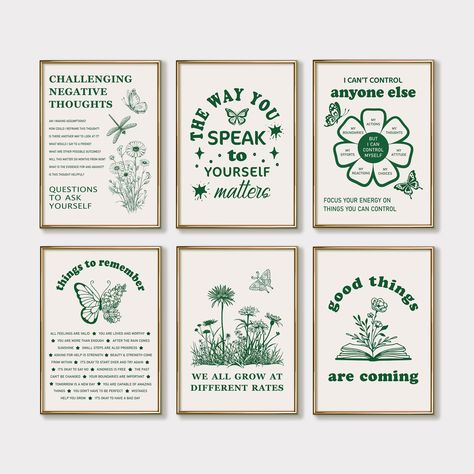 6 Mental Health Prints, Printable Wall Art for Therapy Office Decor, Psychology Posters, Retro Green Wall Art Prints, Downloadable Prints This Set of 6 Printable Posters is perfect for your therapy office, or as a self-help inspirational reminder in your home decor. You can use these beautifully designed Original Boho Art Prints to create a a corresponding atmosphere for therapy sessions with clients whether you are a therapist, counselor, teacher or a social worker.  Also makes a perfect gift f Office Decor Social Work, Psychology Posters Aesthetic, Group Room Therapy Decor, Therapy Office Artwork, Therapy Office Art, School Psychologist Office Decorations, Therapist Office Aesthetic, Nutrition Office, Art For Therapy