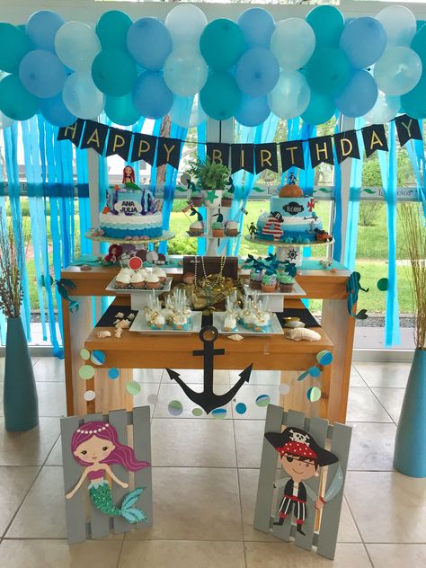 Pirate And Mermaid Birthday Party Decoration, Pirates And Mermaids Birthday Party, Mermaid And Pirate Birthday Party, Mermaid And Pirate, Mermaid Pirate, Sibling Birthday Parties, Mermaid Pirate Party, Combined Birthday Parties, Party Cake Table