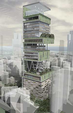 Perkins + Will Debunks Antilia Myths | 2007-10-18 | Architectural Record 10 Floor Building Design, 5 Story Building Design, Unique Buildings Architecture, High Rise Architecture, Business Tycoon, Mukesh Ambani, Architecture Design Process, Corporate Meeting, High Building