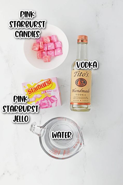 Pink Jello Shots Vodka, Starburst Shots Recipe, Pink Starburst Jello Shots Recipe, How To Make Pink Jello Shots, Rose Gold Jello Shots, Bride Jello Shots, Hello Shots With Malibu, Strawberry Starburst Jello Shots, Crown Peach Jello Shots