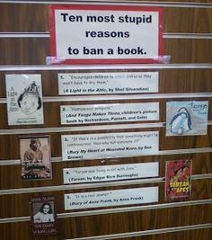 Library Book Drop Ideas, Library Of Things, Library Signage Ideas, Gay Penguins, Library Technician, Teen Library Displays, Banned Books Week Display, Book Banning, Book Bans