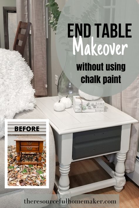 Give an old end table a makeover with this DIY home project idea. This easy tutorial will show you how to transform furniture without chalk paint, but with the same amount of durability. Gothic End Table Diy, Refinishing End Tables Diy, Painting End Tables Ideas, Old End Table Makeover, Painting End Tables, End Table Redo, Refinished End Tables, Redo End Tables, Diy Trays