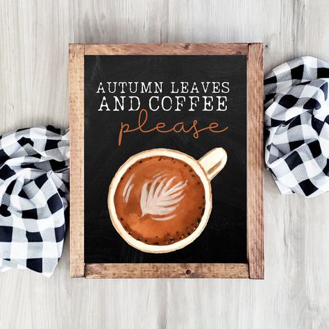 "I Love Fall A Latte Printable Wall Art:  Add a touch of cozy to your home this autumn with this festive I Love Fall A Latte fall farmhouse sign.  Give your coffee bar a festive fall makeover or add to your kitchen wall gallery. The possibilities are endless with this print.  NOTE:  THIS IS A DIGITAL ITEM. NO PHYSICAL ITEM WILL BE SHIPPED.  Your file includes 3 sizes, all in 300 DPI: ✔ 8\" x 10\" ✔ 11\" x 14\" ✔ 16\" x 20\" Prints come is sizes listed above, however, additional sizes/ratio's can Fall Coffee Bar Signs, Fall And Coffee Quotes, Fall Coffee Board Ideas, Fall Coffee Chalkboard Art, Cozy Fall Decor Kitchen, Fall Coffee Quotes, Fall Coffee Bar Ideas, Kitchen Wall Gallery, Coffee Signs Diy