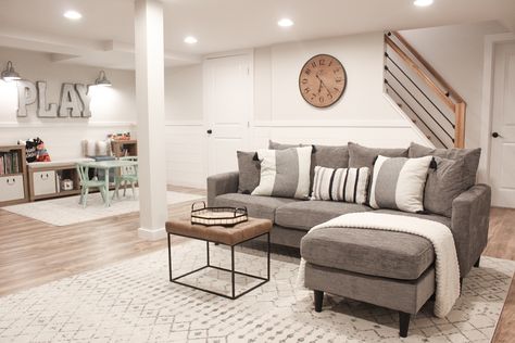 See how to turn your basement from dungeon to a dream! Find all the links for this modern play/family room here! Finished Basement Designs, Farmhouse Playroom, Dream Basement, Basement Inspiration, Cozy Basement, Basement Living Rooms, Diy Basement, Basement Family Room, Basement Apartment