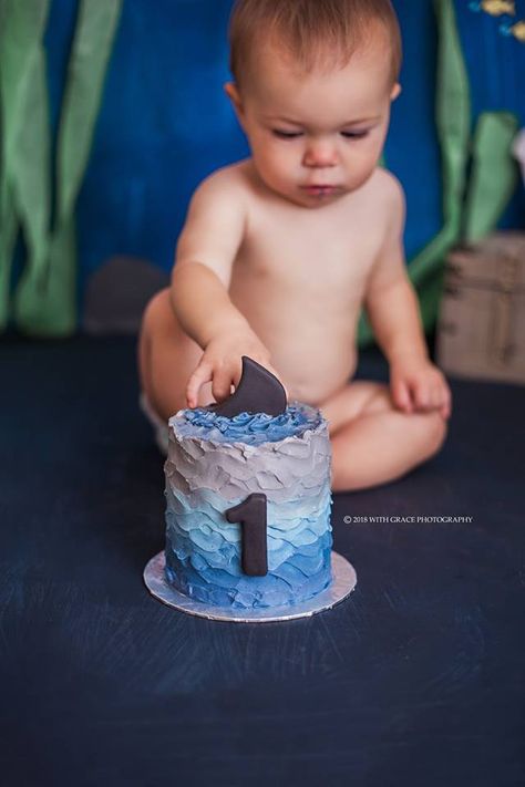 Smash Cake Ocean Theme, Fintastic Shark Party, Whale Smash Cake, Ocean First Birthday Cake, Ocean Themed Smash Cake, Sea Themed Smash Cake, Shark Theme First Birthday, Baby Shark Smash Cake Boy, Shark Themed First Birthday Party