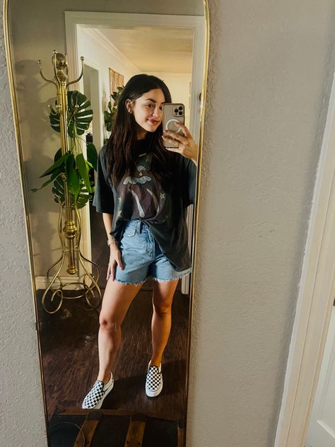 graphic tee, free people, denim shorts, abercrombie, vans, checkered vans, Checkered Vans Outfit, Bermuda Shorts Outfit, Catching Feelings, Vans Shorts, Vans Checkered, Vans Outfit, Ghost Tee, Checkered Vans, Casual Ootd