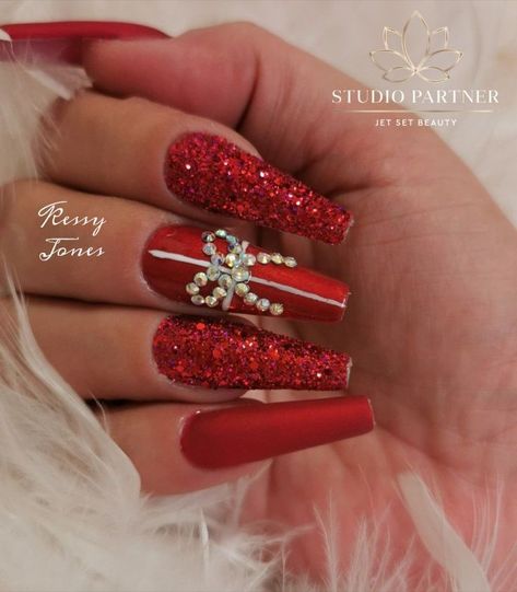 50+ new Nails You Need To Try This Year 2024 | New Years Eve Nails Nails New Years Red, Christmas Acrylic Nails Glitter, Julnaglar Glitter, Christmas Nails Diamonds, Christmas Nails Jewels, Xmas Nails Acrylic Red, Christmas Nails With Rhinestones Bling, Red Nails Jewels, Red Acrylic Nails Coffin Christmas