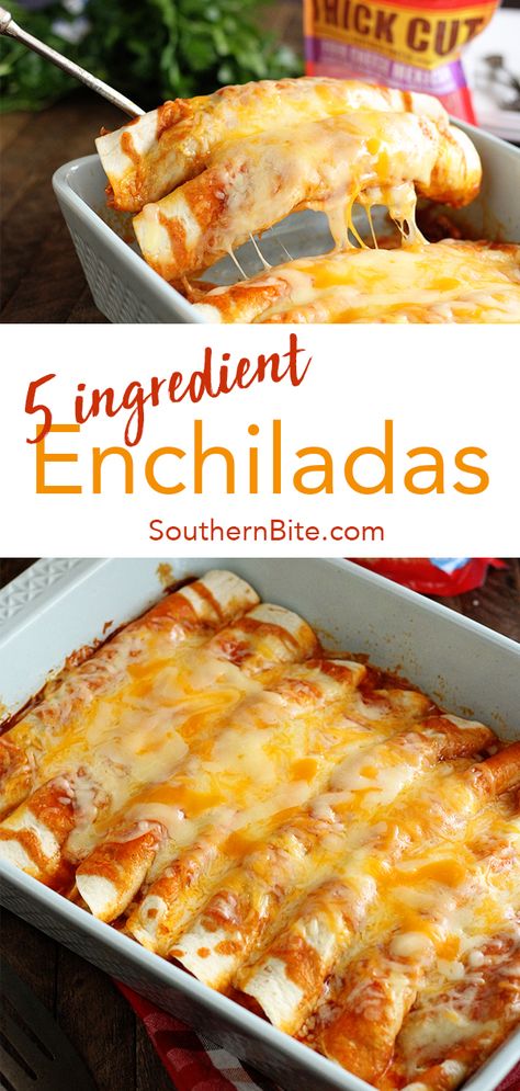 These quick and easy enchiladas only call for 5 ingredients and are ready in no time! It's the perfect recipe for a busy weeknight! #recipe #southernbite #enchiladas #easy #quick #weeknight Quick And Easy Enchiladas, Beef Enchilada Recipe, Easy Enchiladas, Diner Recept, God Mad, Comfort Food Southern, Beef Enchiladas, Comfort Food Recipes Dinners, Enchilada Casserole