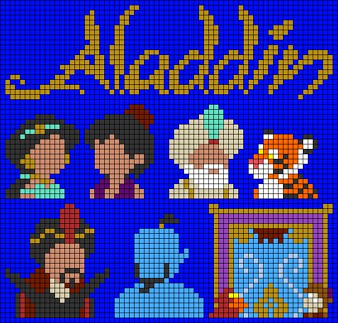 Alpha pattern #71295 | BraceletBook Aladdin Cross Stitch, Disney Graphs, Hama Beads Mario, Frozen Cross Stitch, Disney Pattern, Cross Stitch Pattern Maker, Aladdin Jasmine, Cross Stitch Fairy, Movie Logo