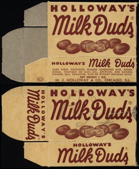 Holloway's - Milk Duds - candy box - 1940's 1950's Milk Duds, Retro Packaging, Penny Candy, Retro Food, Retro Candy, Vintage Packaging, Vintage Candy, Vintage Memory, Natural Sugar