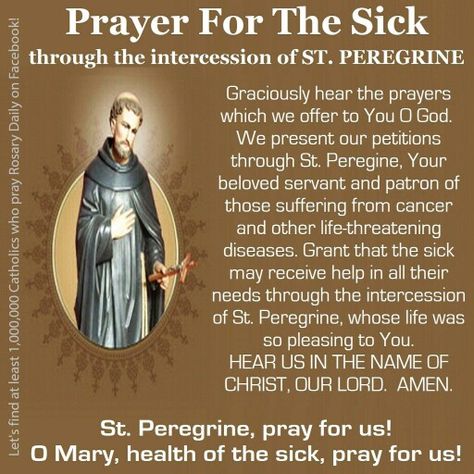 St. Peregrine for all those who are sick Saint Of Healing, St Peregrine Prayer, Saints Prayers, Catholic Saints Prayers, Saint Peregrine, Prayer For The Sick, Catholic Prayers Daily, Affirmations Confidence, Lent Prayers