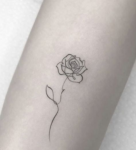 Rose Tattoo Stem Writing, Rose With Writing Stem Tattoo, Rose With Lines Tattoo, Rosebud Tattoo Simple, Rose Tattoos For Women Forearm, Fine Line Rose Tattoo Design, Mini Fine Line Rose Tattoo, Rose Mandala Tattoo Design, Long Stem Rose Tattoo