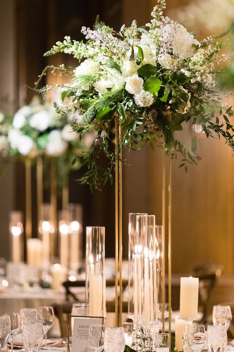 Tall Round Table, Glass Candle Centerpieces, Green Winter Wedding, Round Table Centerpiece, White Delphinium, White Taper Candles, Winter Pines, Pillar Candles Wedding, Hydrangea White