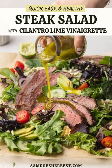 Perfectly pan-seared steak atop a bed of fresh greens, finished off with a drizzle of tangy cilantro-lime vinaigrette! Super quick and easy, this steak salad comes together in under 15 minutes. Steak Salad Dressing, Recipe For Steak, Healthy Steak, Steak Salad Recipe, Cilantro Lime Vinaigrette, Vinaigrette Salad, Cilantro Lime Dressing, Dairy Free Dinner, Lime Vinaigrette