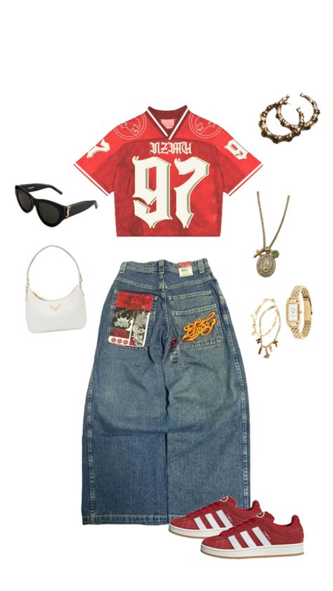 90s Outfits With Shorts, Outfit For Red Shoes, Bold Red Outfit, Jerseys Outfits Women, $ui̇ci̇deboy$ Outfits, Blue Outfits Streetwear, Jncos Outfit, Jnco Jeans Aesthetic, Martin Outfits 90s