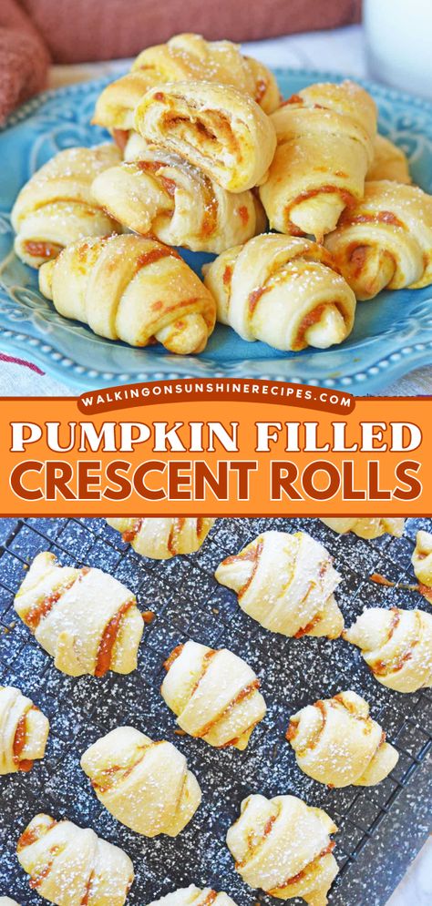 Looking for an easy pumpkin dessert? These Pumpkin Filled Crescent Rolls are made with real pumpkin puree and spices. This crescent roll recipe is easy to make and a great addition to your Fall dessert recipes! Thanksgiving Crescent Rolls, Real Pumpkin Puree, Crescent Roll Recipe, Pillsbury Crescent Recipes, Filled Crescent Rolls, Easy Crescent Roll Recipes, Crescent Roll Dessert, Easy Pumpkin Dessert, Crescent Recipes