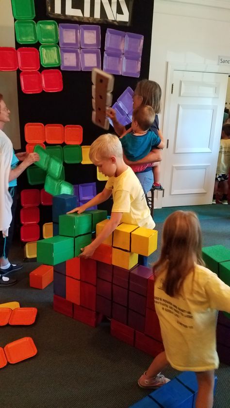 Tetris Themed Party, 80s Video Games Party Ideas, Tetris Birthday Party, Arcade Party Decorations, Vbs Twists And Turns, 3d Tetris, Tetris Party, Tetris Art, Lifeway Vbs