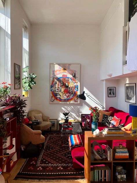 Knock-Knock with Mia Lillingston Tat London, Sofa Aesthetic, Daybed Room, Small Home Gym, Pink Sofa, Cosy Living Room, Bethnal Green, Red Sofa, Maximalist Decor