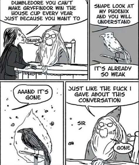 Still love this 😂 1 million points to Gryffindor! #harrypotter #snape #dumbledore #fawkes #hogwarts #gryffindor #phoenix #zerofucks #webcomic #ninjamitton Dumbledore Comics, Parts Of A Book, Book Club Reads, Harry Potter Severus, Harry Potter Comics, 10 Points, Albus Dumbledore, Harry Potter Jokes, Harry Potter Books