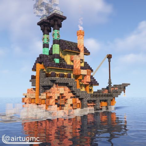 Airtug (@airtugmc) • Instagram photos and videos Ocean Monument Transformation Minecraft, Steampunk Ship Minecraft, Steam Punk Minecraft Builds, Steam Punk Minecraft, Minecraft Steampunk House, Steampunk Boat, Minecraft Boat, Steampunk Ship, Minecraft C