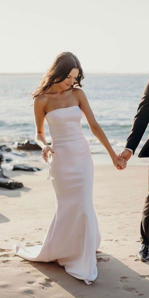 Summer Wedding Dresses To Make Your Celebration Great ★ #bridalgown #weddingdress Plain Strapless Wedding Dress, Bridal Hair With Strapless Dress, Satin Wedding Dress Strapless, Simple Strapless Wedding Dress, Wedding Dresses Mermaid Simple, Beach Boho Wedding Dress, Simple Wedding Dress Strapless, Summer Wedding Dresses, Simple Elegant Wedding Dress