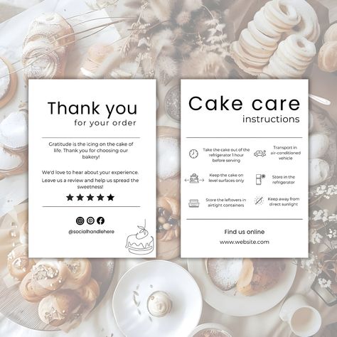 Indulge in the art of savoring your delectable treats for longer with our meticulously crafted Cake Care Card. Elevate your dessert enjoyment while ensuring the utmost freshness and flavor preservation. This Editable Cake Care Card Template is a great way to give care instructions about your product to your customers. You can completely customize it by adding your logo, change text, edit fonts, edit colors and many more to match the Cake Care Instructions Template to your brand details.  What is Cake Care Card, Cake Business Cards, Bakery Business Plan, Minimalist Cake, Care Instructions Card, Home Bakery Business, Cake Branding, Bakery Business Cards, Text Edit