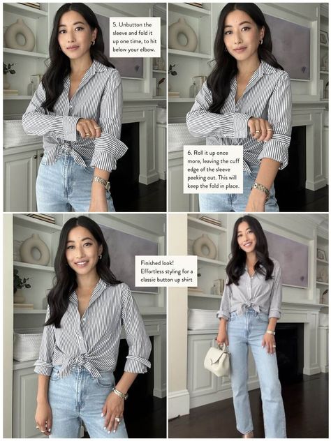 How To Roll Cuffs Sleeve, How To Roll Sleeves Women Shirts, Roll Sleeves Women How To, Roll Up Sleeves Women How To, How To Roll Up Sleeves, How To Style Long Sleeve Button Up, Men’s Button Up Shirt Outfit Women, Tied Button Up Shirt Outfit, Mens Button Up Shirts Outfits Women