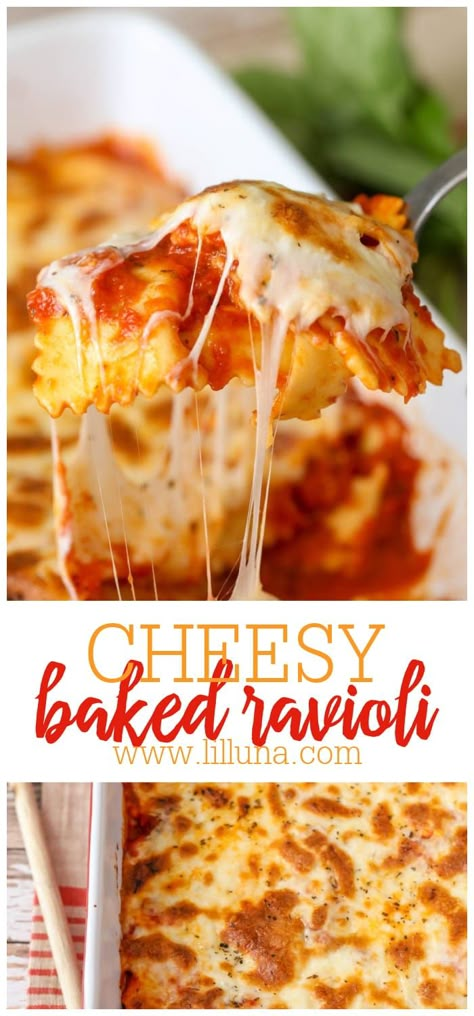 Easy Cheesy Baked Ravioli is a quick, simple, and delicious dinner recipe that the whole family loves! It's so cheesy and so tasty! #bakedpasta #bakedravioli #ravioli #pasta #maindish Ravioli Casserole, Baked Ravioli, Gnocchi Dishes, Ravioli Bake, Ravioli Recipe, Pot Stickers, Easy Cheesy, Delicious Dinner Recipes, Italian Dishes