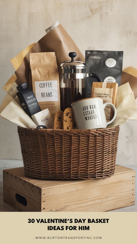 For the coffee enthusiast, use a sturdy wooden box or a reusable tote bag. Add gourmet coffee beans, a French press, flavored syrups, and a custom mug with a sweet or funny message. Include biscotti or chocolate-covered espresso beans as a bonus treat. Choose neutral colors like brown and cream for the wrapping to keep it sleek and masculine. This basket is a morning ritual upgrade that he'll appreciate. Coffee Basket Gift Ideas, Snack Gift Basket Ideas, Gift Basket Ideas For Him, Creative Gift Basket Ideas, Coffee Lovers Basket, Snack Gift Baskets, Coffee Basket, Chocolate Covered Espresso Beans, Creative Gift Baskets